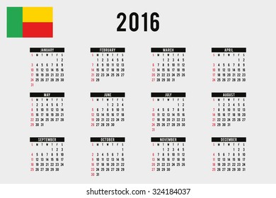 A 2016 Calendar with the Flag of Benin