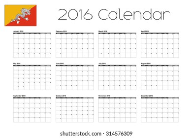 A 2016 Calendar with the Flag of Bhutan