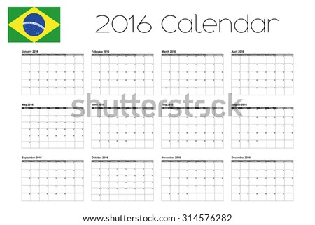 A 2016 Calendar with the Flag of Brazil