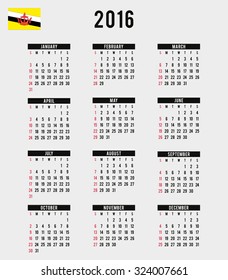 A 2016 Calendar with the Flag of Brunei