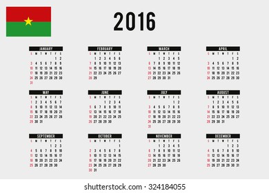 A 2016 Calendar with the Flag of Burkina Faso