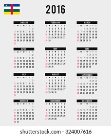 A 2016 Calendar with the Flag of Central African Republic