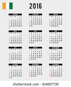 A 2016 Calendar with the Flag of Cote Divoire