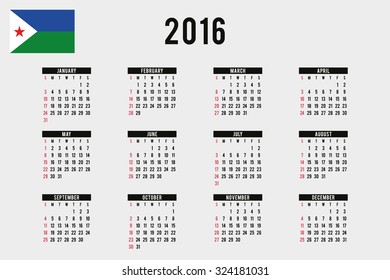 A 2016 Calendar with the Flag of Djibouti