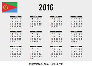 A 2016 Calendar with the Flag of Eritrea