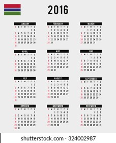 A 2016 Calendar with the Flag of Gambia