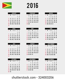 A 2016 Calendar with the Flag of Guyana