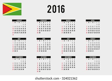 A 2016 Calendar with the Flag of Guyana