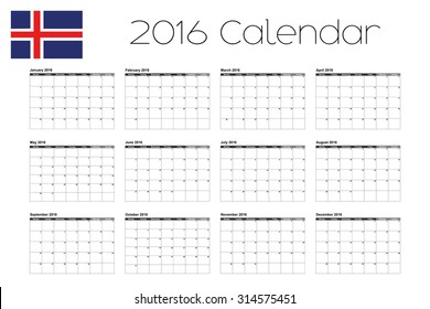 A 2016 Calendar with the Flag of Iceland