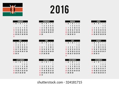 A 2016 Calendar with the Flag of Kenya