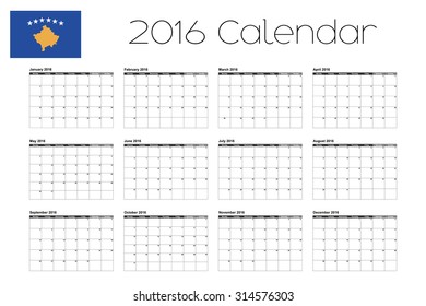 A 2016 Calendar with the Flag of Kosovo