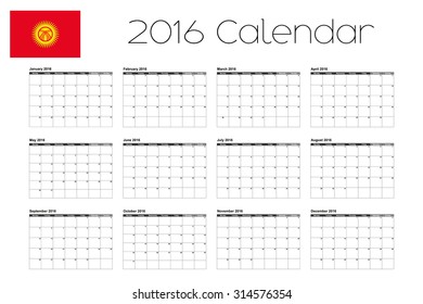A 2016 Calendar with the Flag of Kyrghyzstan