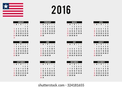 A 2016 Calendar with the Flag of Liberia