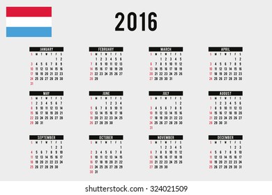 A 2016 Calendar with the Flag of Luxembourg