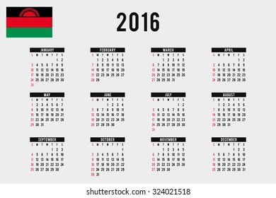 A 2016 Calendar with the Flag of Malawi