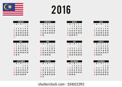 A 2016 Calendar with the Flag of Malaysia