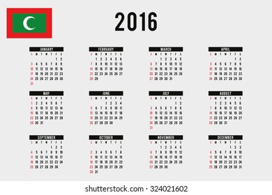 A 2016 Calendar with the Flag of Maldives