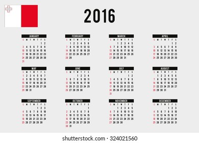 A 2016 Calendar with the Flag of Malta