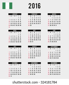 A 2016 Calendar with the Flag of Nigeria