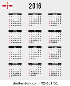 A 2016 Calendar with the Flag of Northern Ireland