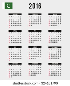A 2016 Calendar with the Flag of Pakistan