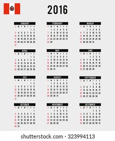 A 2016 Calendar with the Flag of Peru