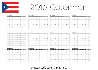 A 2016 Calendar with the Flag of Puerto Rico