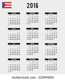 A 2016 Calendar with the Flag of Puerto Rico