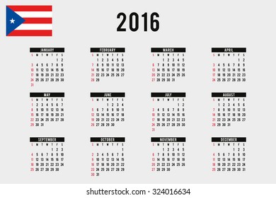 A 2016 Calendar with the Flag of Puerto Rico