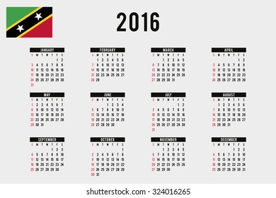 A 2016 Calendar with the Flag of sAINT kITTS AND nEVIS