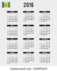 A 2016 Calendar with the Flag of Saint Vincents and the Grenadines