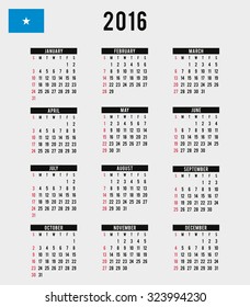 A 2016 Calendar with the Flag of Somalia