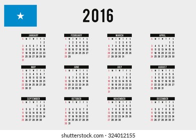 A 2016 Calendar with the Flag of Somalia