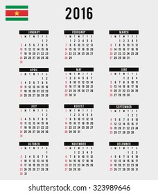 A 2016 Calendar with the Flag of Suriname