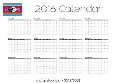 A 2016 Calendar with the Flag of Swaziland