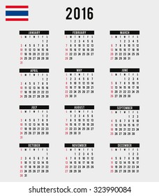 A 2016 Calendar with the Flag of Thailand