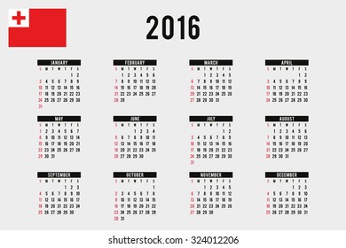 A 2016 Calendar with the Flag of Tonga