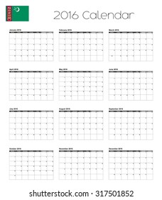 A 2016 Calendar with the Flag of Turkmenistan