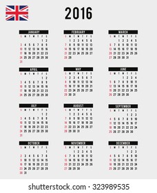 A 2016 Calendar with the Flag of United Kingdom