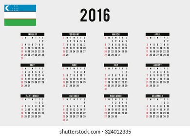 A 2016 Calendar with the Flag of Uzbekistan