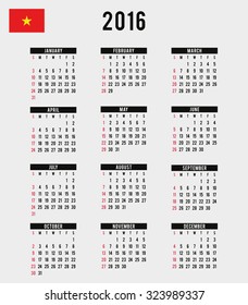 A 2016 Calendar with the Flag of Vietnam