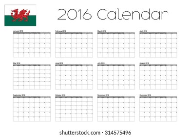 A 2016 Calendar with the Flag of Wales