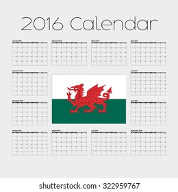 A 2016 Calendar with the Flag of Wales