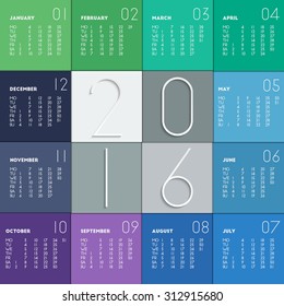 2016 calendar in flat colors for your design. Week starts on Monday