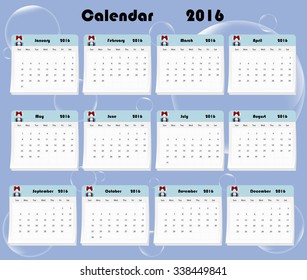2016 calendar with gift box and bubbles. Vector illustration.