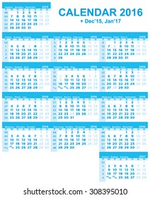 2016 calendar grid (English, Russian, Ukrainian)