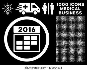 2016 Calendar Grid icon with 1000 medical business white vector design elements. Design style is flat symbols, black background.