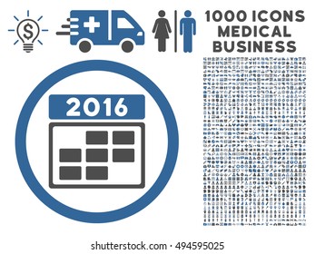 2016 Calendar Grid icon with 1000 medical commercial cobalt and gray vector pictograms. Collection style is flat bicolor symbols, white background.