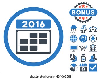 2016 Calendar Grid icon with bonus elements. Vector illustration style is flat iconic bicolor symbols, smooth blue colors, white background.