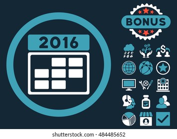 2016 Calendar Grid icon with bonus images. Vector illustration style is flat iconic bicolor symbols, blue and white colors, dark blue background.